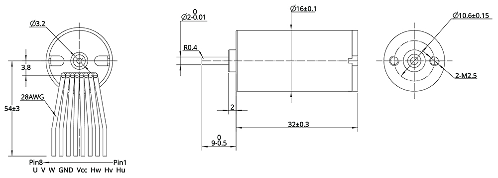 Brushless DC Motor Size 16mm Dimensional Drawing