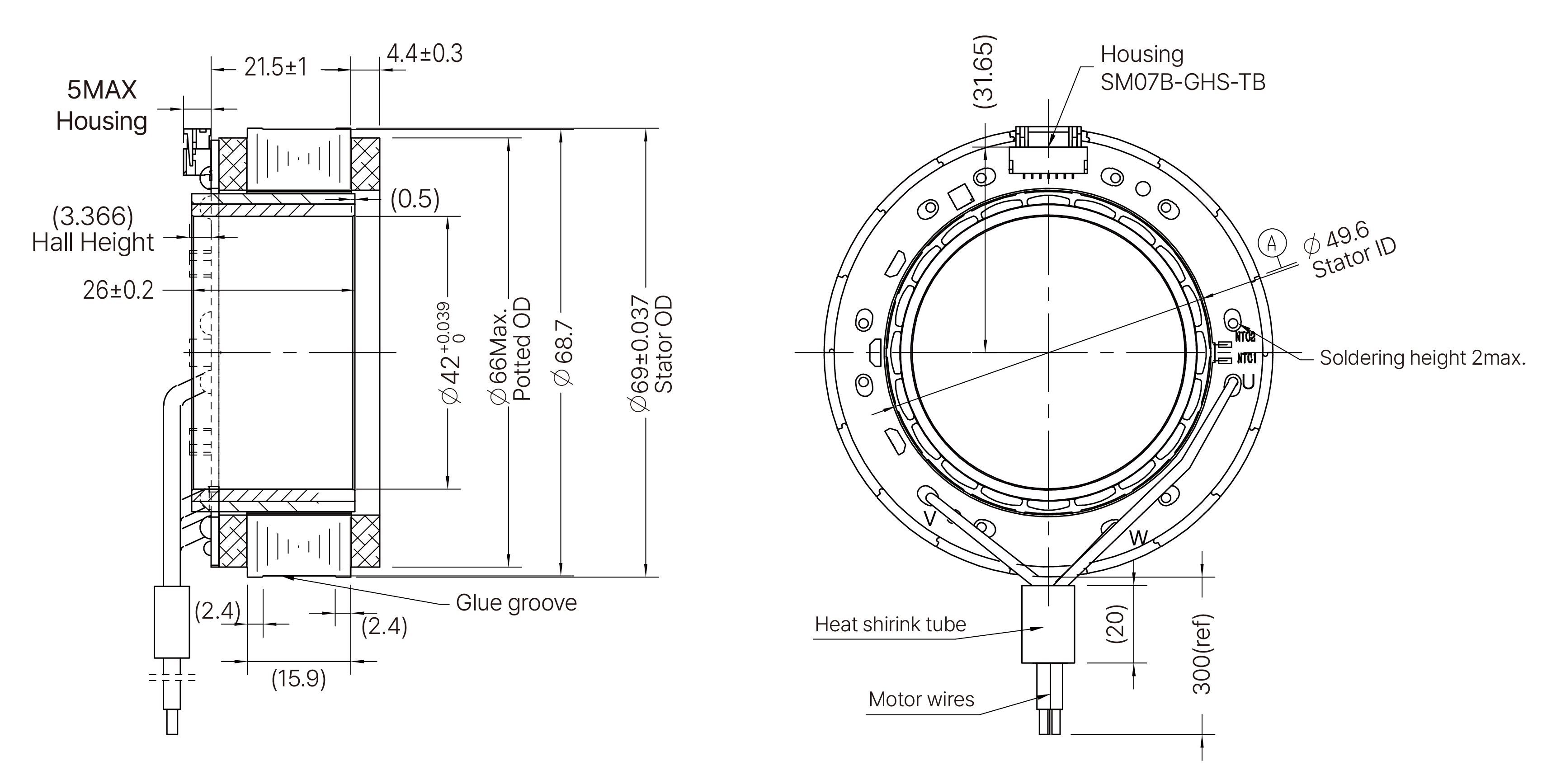 Frameless Motor Size 70mm Dimensional Drawing