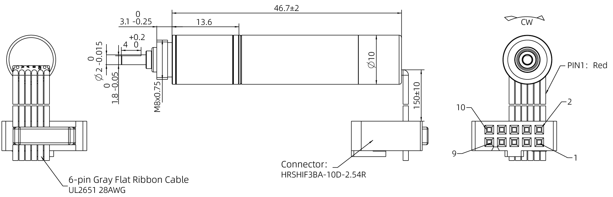 Brushed Coreless DC Motor Size 10mm Dimensional Drawing