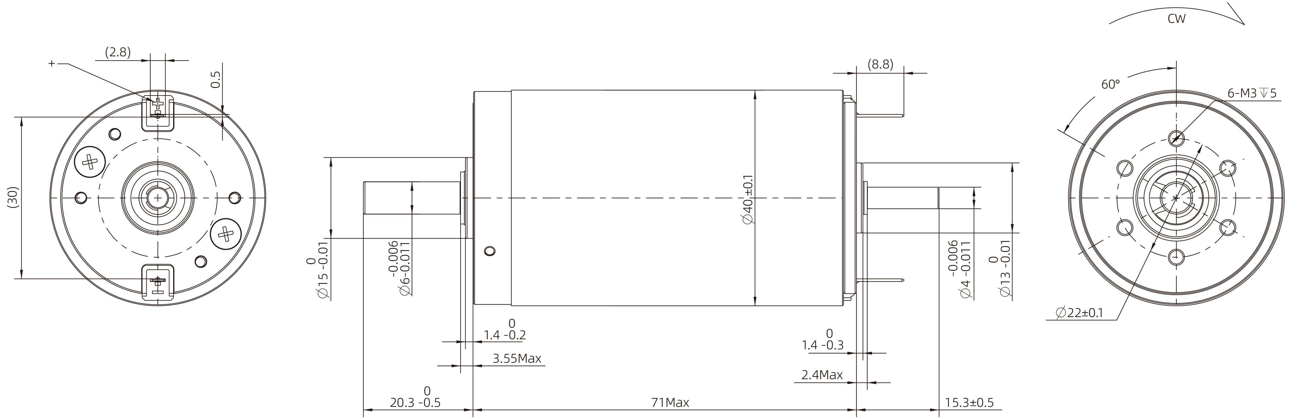 Brushed Coreless DC Motor Size 40mm Dimensional Drawing