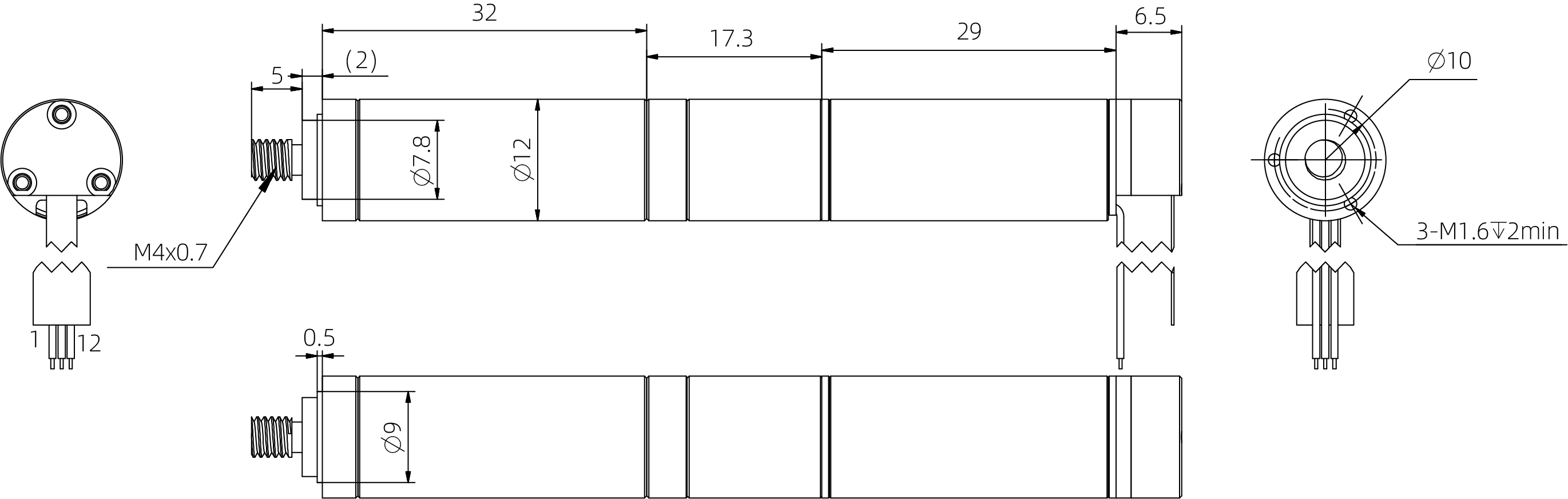 12mm Coreless Push Rod Actuator 도면 치수