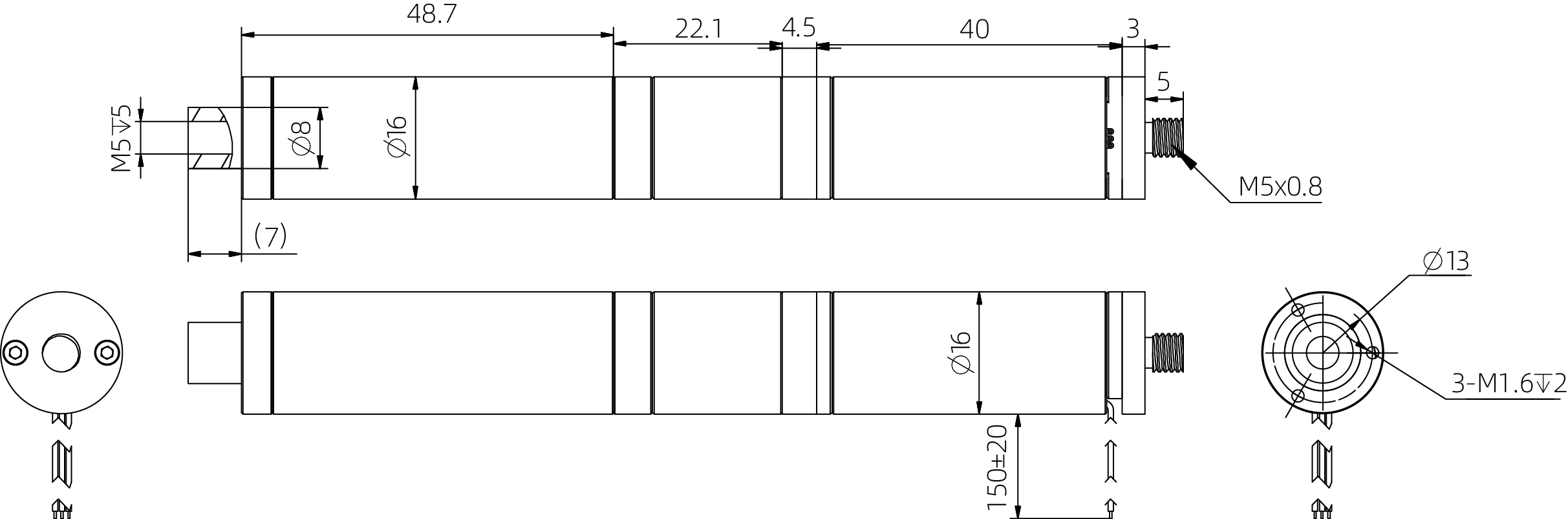 16mm Coreless Push Rod Actuator 도면 치수