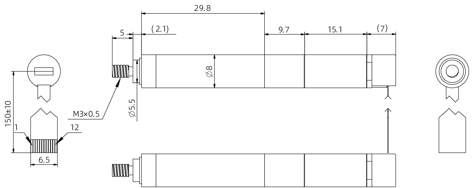 8mm Coreless Push Rod Actuator 도면 치수